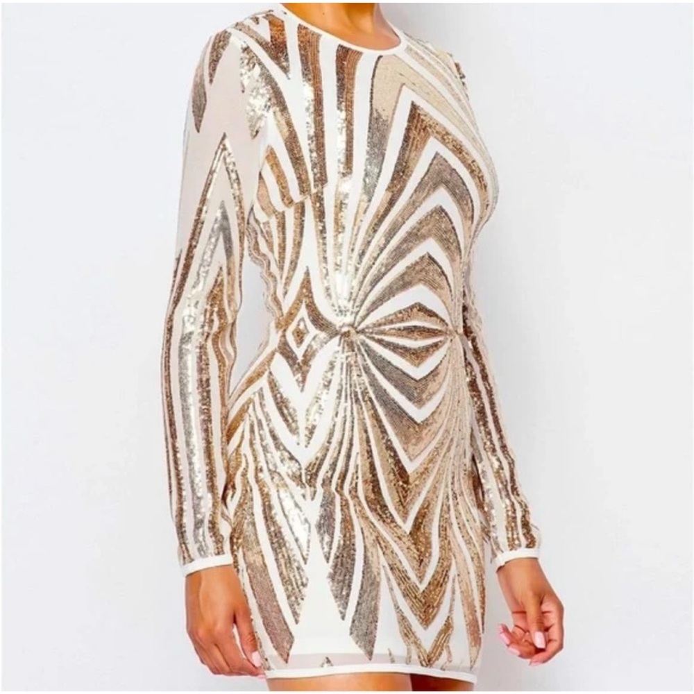 Windsor Glam Sequin Long Sleeve Dress - Gold and Cream - Picture 2 of 9